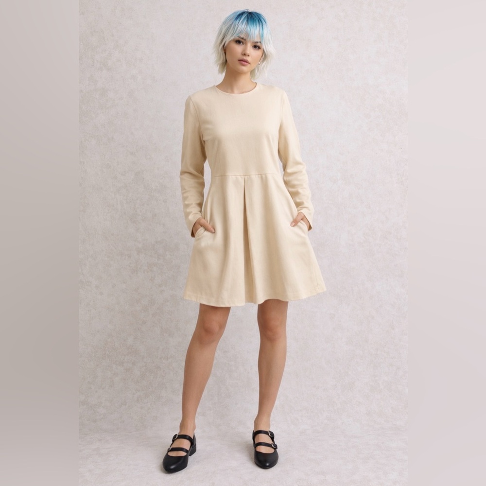 MISSGUIDED Cream Long Sleeve A-line Skater Dress with Pockets~Size 10 ~ NWOT